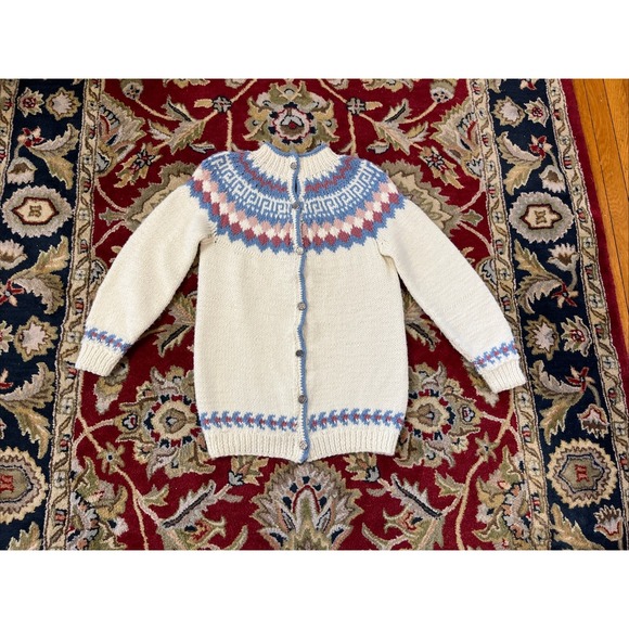 Sweaters - Women's M Ivory Hand Knit Fair Isle Scandinavian Cardigan Sweater Acrylic Wool